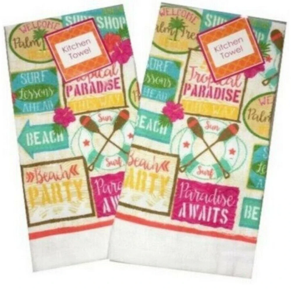 Tropical Paradise Palm Tree Kitchen Dish Towels Cotton Set of 2 Summer Beach